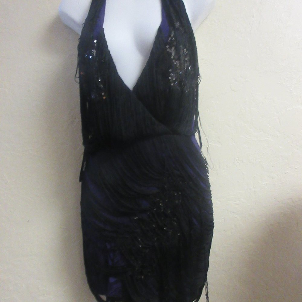 BEBE Camila Fringe Halter Neck Dress Purple/Black